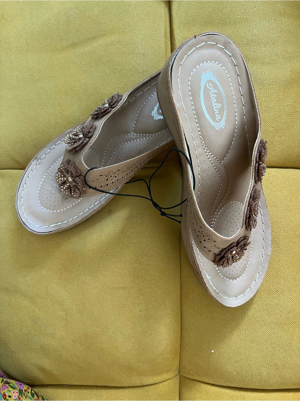 Atalina Tan Floral Wedge Thong Sandals